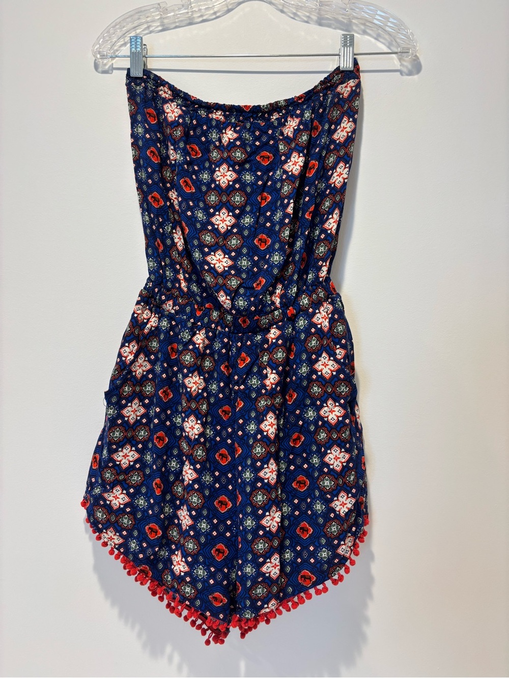 Alya Navy Blue Strapless Romper with Red Pom-Pom Trim
